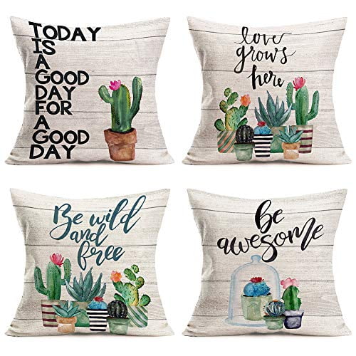 4 Pack Bonsai Xihomeli 4 Pack Green Plants Decoration Throw Pillow Case Bonsai Potting Hand Painting Cushion Covers Cotton Linen Pillow Covers Home Decorative 18 x 18 Inches for Sofa Couch Bed 